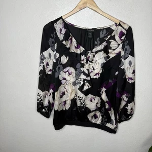 White House Black Market WHBM Silk Black Purple Blouse Ruffle Top Women’s Medium - Picture 1 of 8