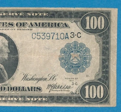 $100. Billete de la Reserva Federal de Filadelfia 1914 FR.1032 promedio circulado Foto 1 de 3