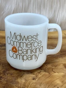 Vtg Glasbake Milk Glass Coffee Mug “Midwest Commerce Banking Company” White USA - Picture 1 of 10