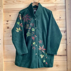 NWT Bob Mackie Womens Jacket 1x Green Fleece Embroidered Fall Leaves Button Up - Picture 1 of 5