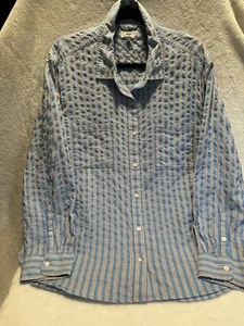 AERIE Button Up Shirt Women Sz L Blue/w Pink Stripes Cotton Blend Long Sleeve - Picture 1 of 16