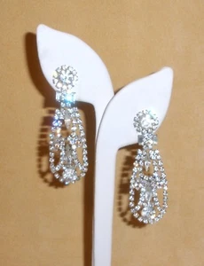 Long, Multi Clear Rhinestone Teardrop Shaped Dangle Earrings - Picture 1 of 5