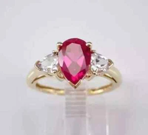 2Ct Pear Cut Lab Created Ruby Three Stone Band Ring 14k Yellow Gold Plated - Picture 1 of 7