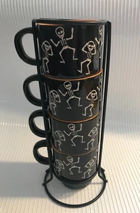 NEW ~ SIGNATURE HOUSEWARES ~ DANCING SKELETON ESSPESSO MUG SET OF 4 WITH HOLDER - Picture 1 of 10