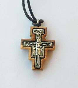 San Damiano Cross St. Francis Olive Wood Cross With Necklace Rope 1.7 inc - Picture 1 of 7