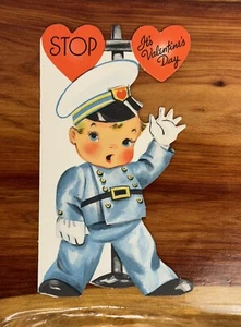 Vintage Valentine Card Policeman Blue Uniform Stopping Traffic Diecut Fold - Picture 1 of 5
