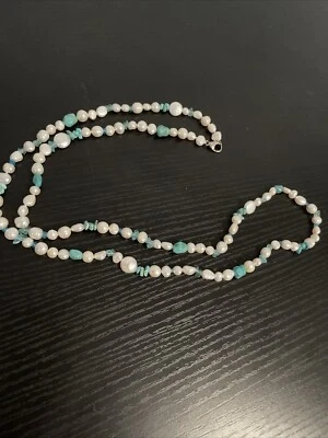NATURAL TURQUOISE & WHITE PEARL NECKLACE LONG - Image 1 of 3