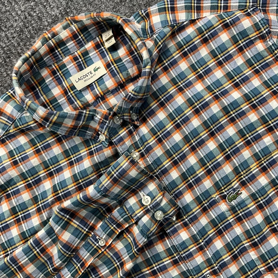 Lacoste Shirt Mens 2XL Blue Orange Plaid Regular Fit Button Down Long Sleeve - Image 1 of 4