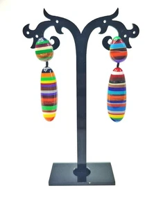Sobral Pop Art Caillou Day Multicolor Stripe Artist Made Dangle Post Earrings - Picture 1 of 6
