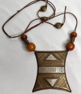 Vintage Tuareg Talisman Tcherot Hand Etched Copper Moroccan Pendant Necklace - Picture 1 of 22