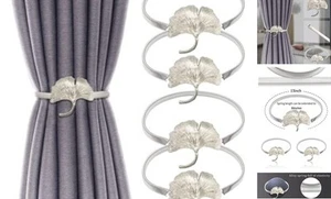 4Pack Curtain Tiebacks Aluminum Alloy Spring Design Curtain Silver Ginkgo - Picture 1 of 7