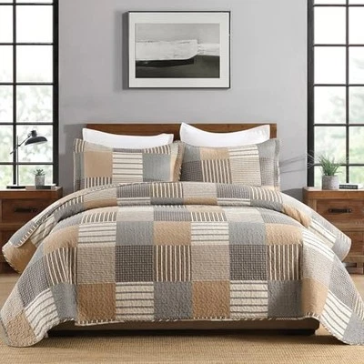  100% Cotton Quilt Set, King Size, Farmhouse King(98"x106") Gray/Brown/Beige - Image 1 of 4