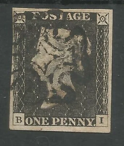 1840 PENNY  BLACK (BL) PL 3 A SUPERB 4 MARGIN EXAMPLE CANC. BLACK MALTESE CROSS - Picture 1 of 2