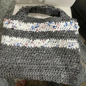 Recycled Plastic Bag, Recycled Plastic Purse, Crochet Gray Tote - Picture 1 of 4