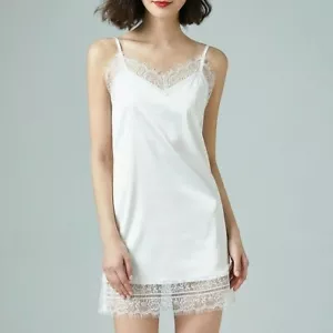 Lady Lace Faux Silk Slip Dress Satin Strap Nightdress Petticoat Sleepwear Casual - Picture 1 of 11