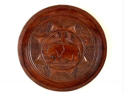 17英寸老式圆形木质手工雕刻墙板/悬挂大象和鹰 — 第 1/4 张图片