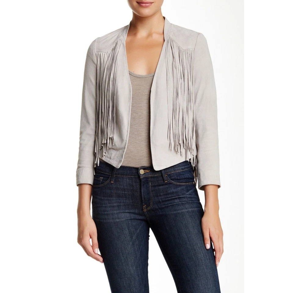 NEW DOMA Genuine Goat Suede Leather Fringe Jacket SIZE LARGE L in soft gray - Image 1 of 4