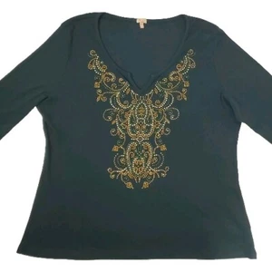 Reba Top 3XL Green Embellished 3/4 Sleeve Whimsigoth Ribbed Shirt Womens Size 3x - Picture 1 of 5