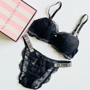 30D XS Victoria’s Secret black lined bra set bling shine strap bikini panties - Picture 1 of 7