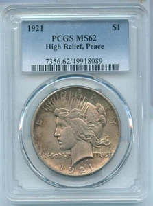 1921-P High Relief Silver Peace Dollar $1 PCGS MS62 Philadelphia Mint - SR942 - Picture 1 of 2