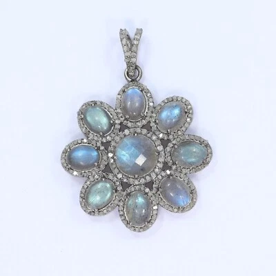 Natural Labradorite & pave diamond pendant 925 Sterling Silver Handmade Pendant - Image 1 of 4