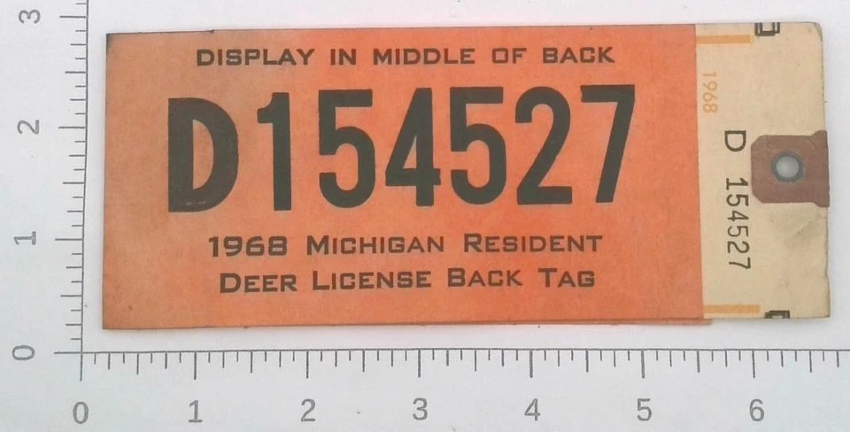 Etiqueta trasera de licencia de caza de ciervos residentes de Michigan 1968 Foto 1 de 1