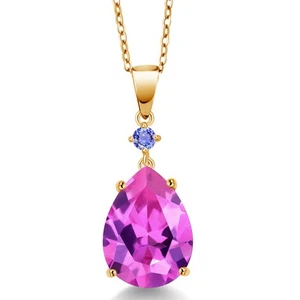 18K Yellow Gold Plated Silver Pink Created Sapphire and Tanzanite Pendant - Picture 1 of 3