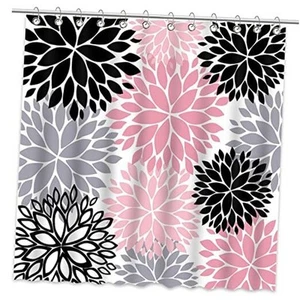 Pink Dahlia Flower Shower Curtain Black and Grey Floral Shower Curtain Set - Picture 1 of 7
