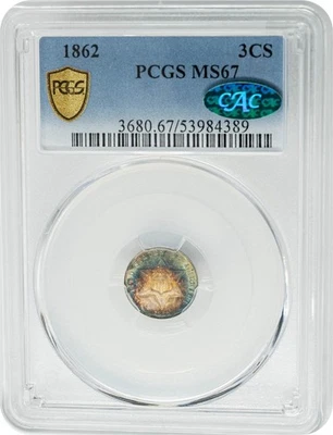 1862 Three Cent 3CS MS67 PCGS Secure CAC Monster Color! 944078-24 - Imagem 1 de 4