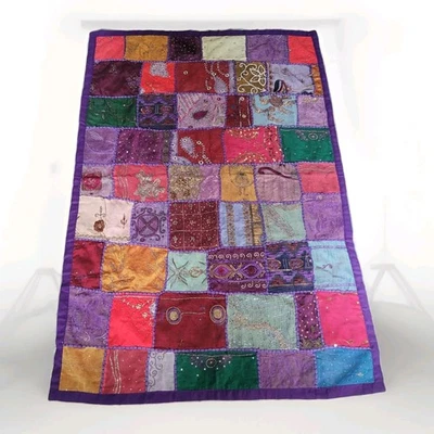 Vintage 38x57" India Beaded Sequin Tapestry Runner Patchwork Purple Gold - Image 1 of 4
