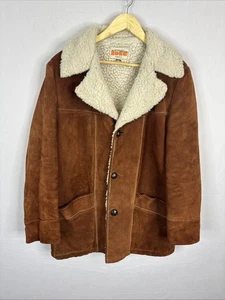 Vintage 70s Borg Suede Sherpa Coat Brown Rancher Jacket Made Canada Mens M/L - Picture 1 of 8