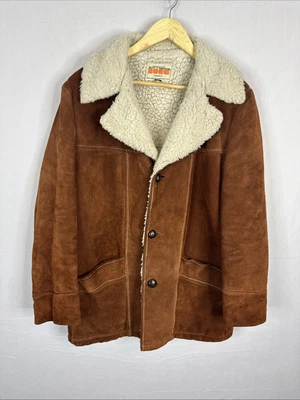 Vintage 70s Borg Suede Sherpa Coat Brown Rancher Jacket Made Canada Mens M/L - Image 1 of 4
