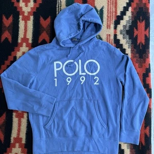 Polo Ralph Lauren Hoodie Blue Mens Small Spell Out Polo 1992 Blue Preppy Gym - Picture 1 of 12
