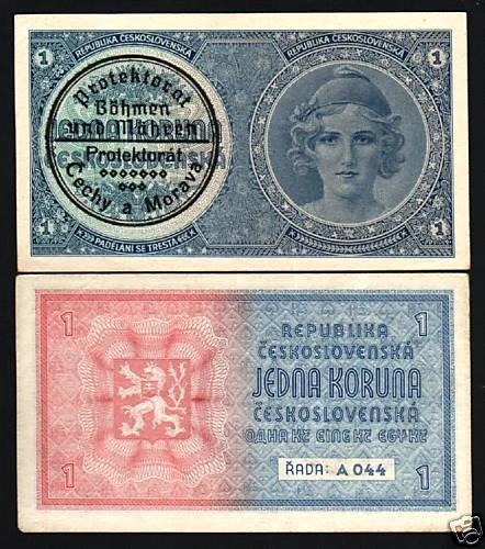 BOHEMIA & MORAVIA 1 P1 B 1939 LIBERTY PRE EURO AUNC MONEY 1st BANK NOTE CZECH - Image 1 of 1
