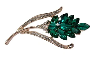 Green crystal flower pin brooch with clear crystals, green marquise crystals NEW - Picture 1 of 9