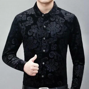 Men Velvet Shirt Floral Blouse Tops Formal Printed Flower Pleuche Casual Tops - Picture 1 of 18