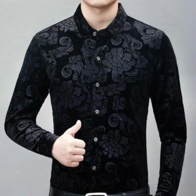 Men Velvet Shirt Floral Blouse Tops Formal Printed Flower Pleuche Casual Tops - Image 1 of 4