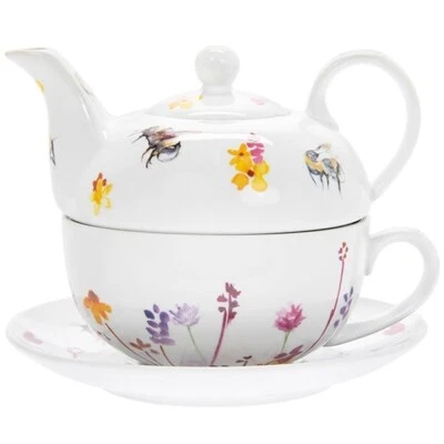 Tea For One Teekanne Busy Bees Blumen Tasse und Untertasse Keramik Geschenkset verpackt - Bild 1 von 3