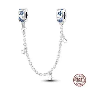 Genuine S925 Sterling Silver Blue Stars Safety Chain Charm For Bracelets - Picture 1 of 2