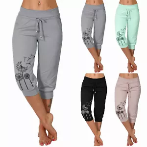 Womens Capri Yoga Pants Loose Drawstring Pants Lounge Joggers Pants with Pockets - Picture 1 of 10