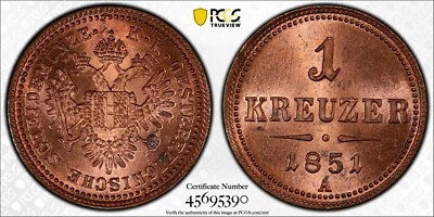 1851 A Austria 1 Kreuzer PCGS MS65 RD Red Top Pop 1/0 Finest Known          2937 - Image 1 of 4