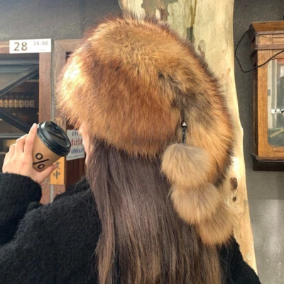 Sombrero de piel de mapache real para mujer sombrero cosaco ruso Ushanka cálido gorra de esquí al aire libre Foto 1 de 4