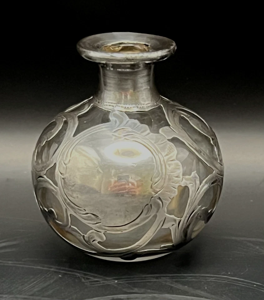 Antigua mini botella de perfume Alvin .999 superpuesta de plata maciza con pergamino Art Nouveau Foto 1 de 4