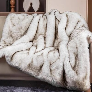 Faux Fur Throw Blanket Thick Warm Plush Reversible Mink 50''x60'' White Brown - Picture 1 of 7