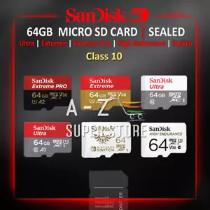 MICRO SD CARD 64GB SanDisk Ultra, Extreme, Pro, Switch Fast Memory Class 10 Fast - Picture 1 of 12