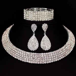 Schmuck Set für Frauen Strass Kristall Halskette Ohrringe und Armband - Bild 1 von 12
