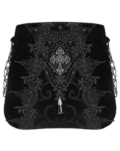 Devil Fashion Womens Gothic Crucifix Lace Applique Handbag - Black Velvet - Picture 1 of 13