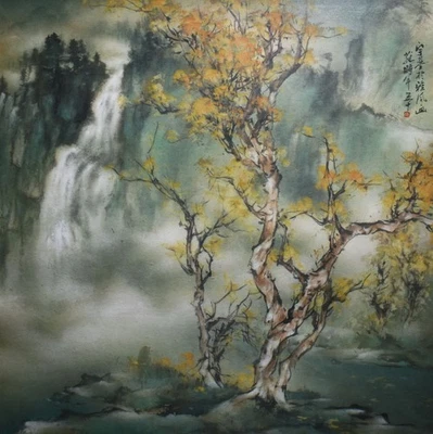 Pintura china firmada por Henry Yue-Kee Wo/Hu Yuji tinta/acuarela-árbol y cascada Foto 1 de 4