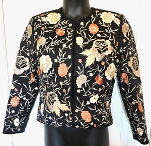 VTG Lillie Rubin Sz 8 Black Beige Embroidered Beaded Cropped Jacket 80's Glamour - Picture 1 of 5