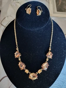 Vintage Amber Glass Necklace Earring Set Goldtone Faceted Stones Elegant Gift - Picture 1 of 18